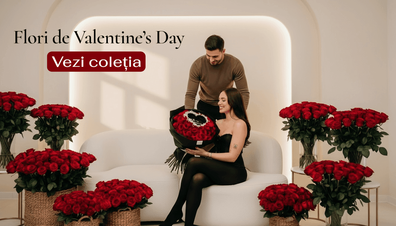 Flori de Valentine’s Day – vezi colecția. Cuplu oferă un buchet de trandafiri roșii.